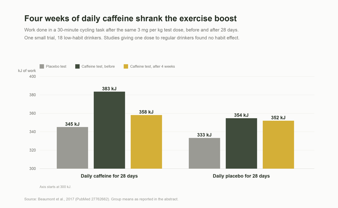 Bar chart of work done in a 30-minute cycling task. Daily caffeine group: 345 kJ on placebo, 383 kJ on caffeine before, 358 kJ after four weeks. Daily placebo group: 333, 354 and 352 kJ.