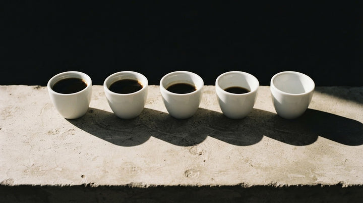 Five white espresso cups in a row holding less coffee each time, the last one empty, lit hard from the side with long parallel shadows