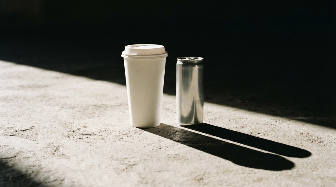 A tall takeaway coffee cup beside a small drinks can on concrete in hard side light, the cup dwarfing the can