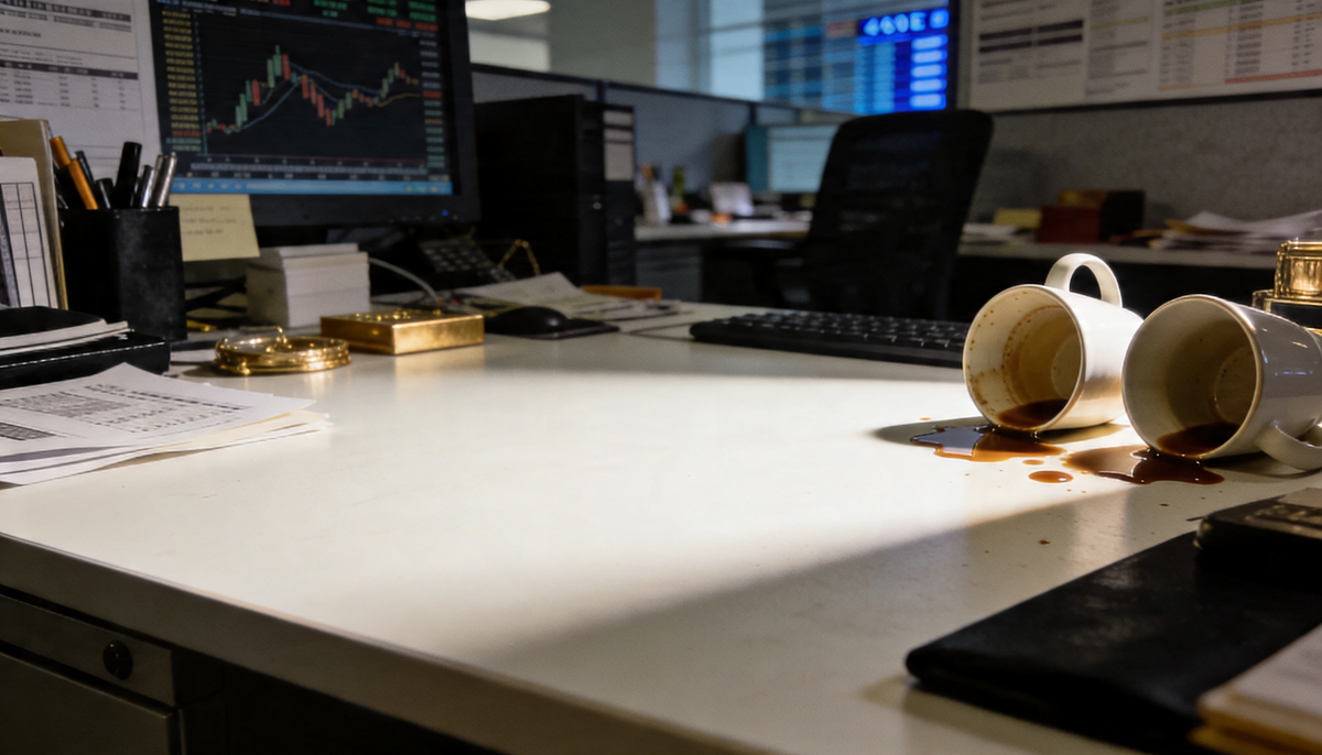 A crowded trading desk at the end of a long day