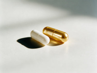 Uncaffed Reset and Flow capsules, white and gold, in natural light
