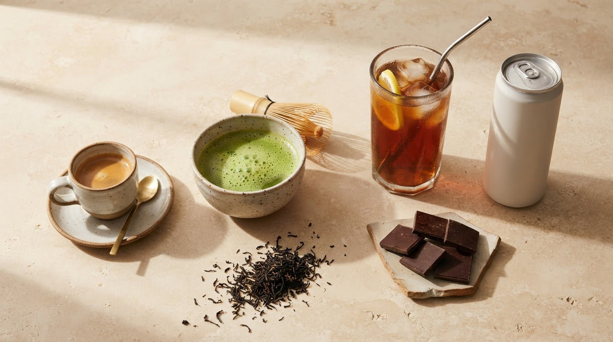 Espresso, matcha, iced tea, a can, dark chocolate and loose tea leaves arranged on a pale stone surface in warm morning light